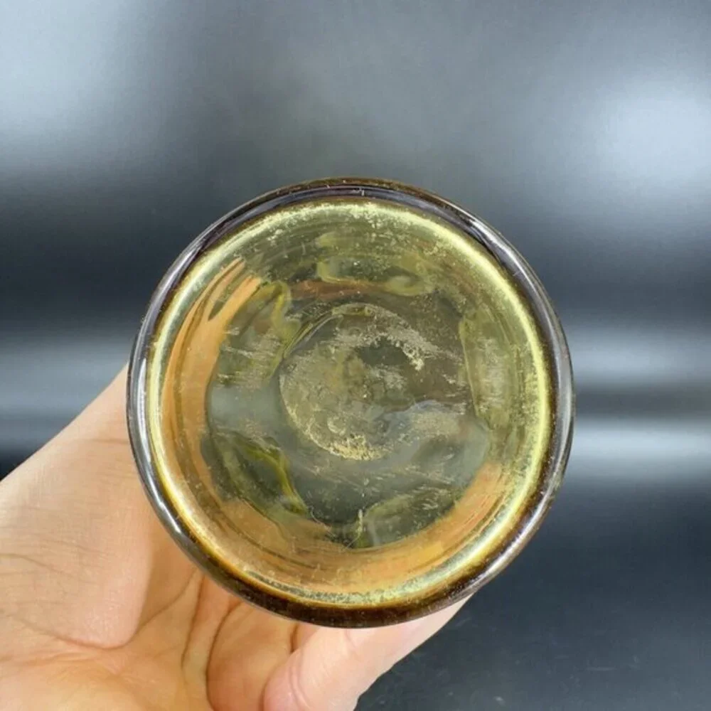 Mid Century Amber Art Glass Vase With Ruffled Top Edges‎ Hand Blown Glass Decor